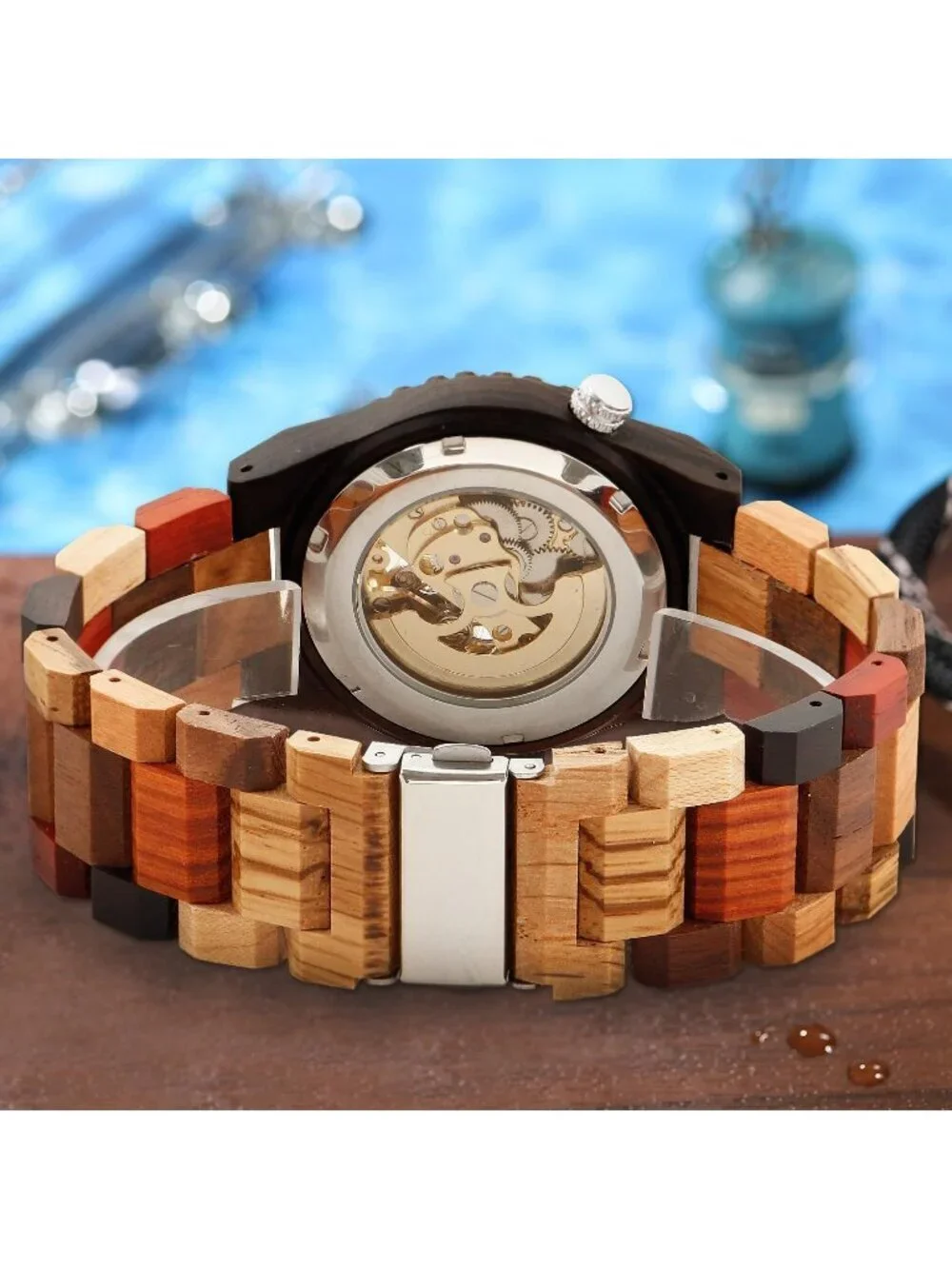 Men's Coffee Brown Analog No Battery Fashion Mechanical Movement Wooden Watch